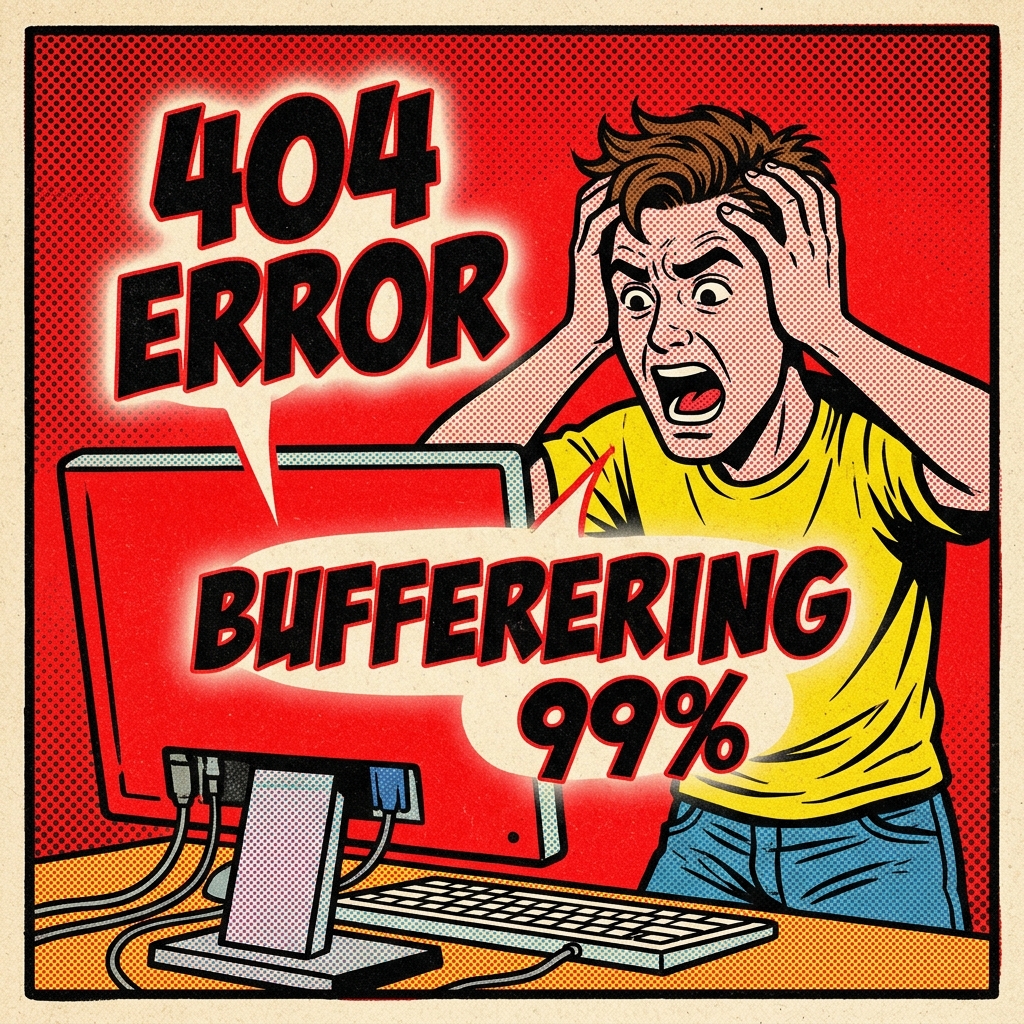 美式复古波普漫画第一格：主角抓狂，屏幕弹出404与99%卡顿